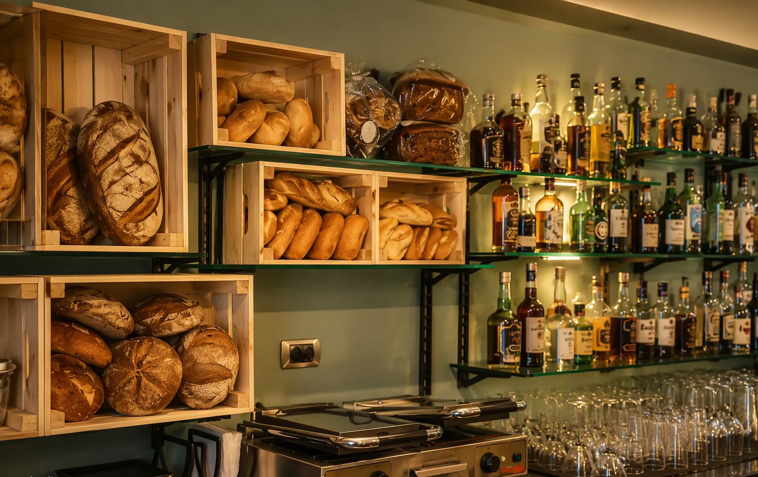 Il banco con le cassette di pane fresco e le bottiglie del bar