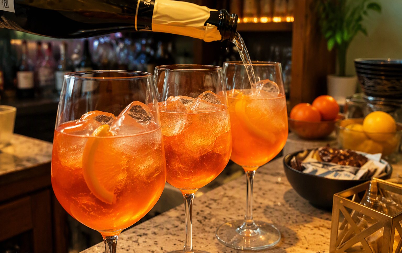 Tre spritz all'arancia preparati al banco con ghiaccio e prosecco